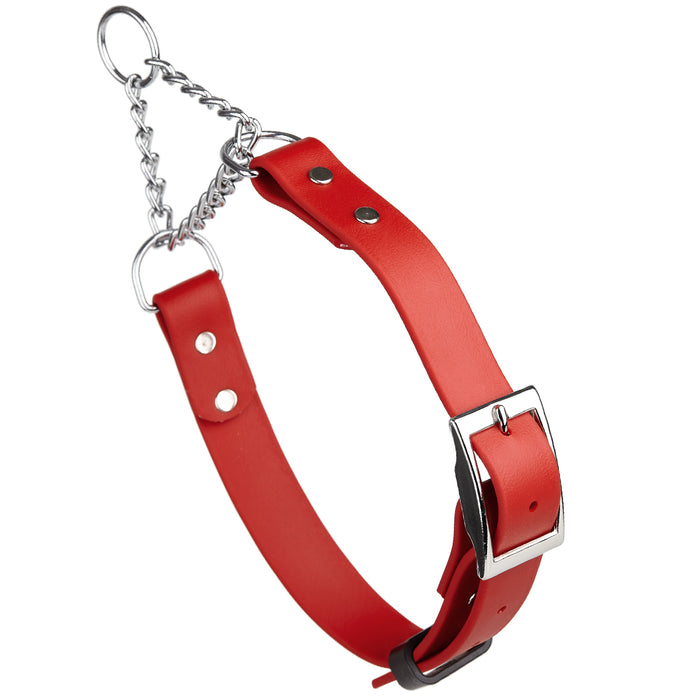 Cherry red adjustable martingale dog collar with buckle and Herm Sprenger assembly chain, made from waterproof Biothane