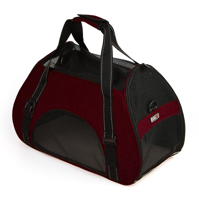 Red small dog carrier bag with handles, optional shoulder strap and mesh sides