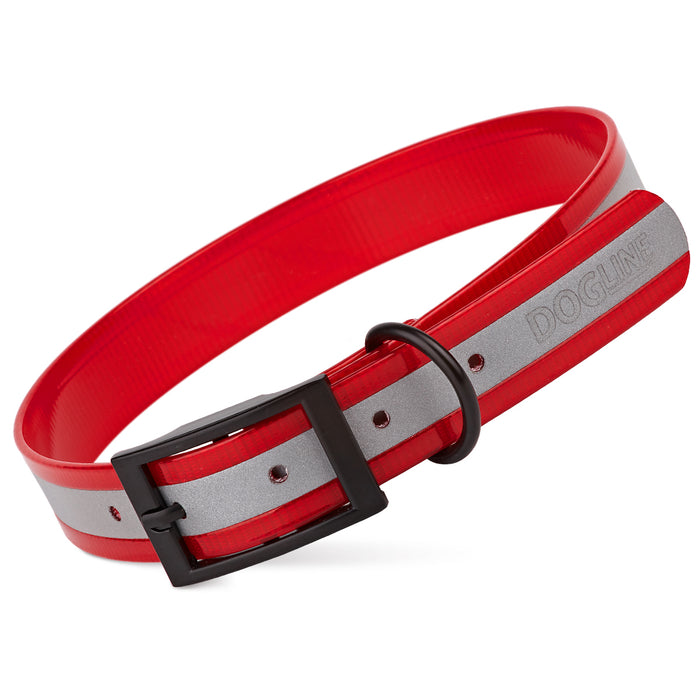 Red waterproof dog collar with reflective strip and buckle