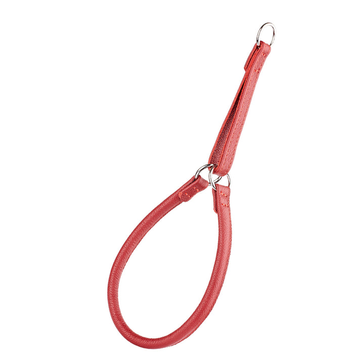 Red leather martingale dog collar with three metal O-rings, 1/2 inch wide