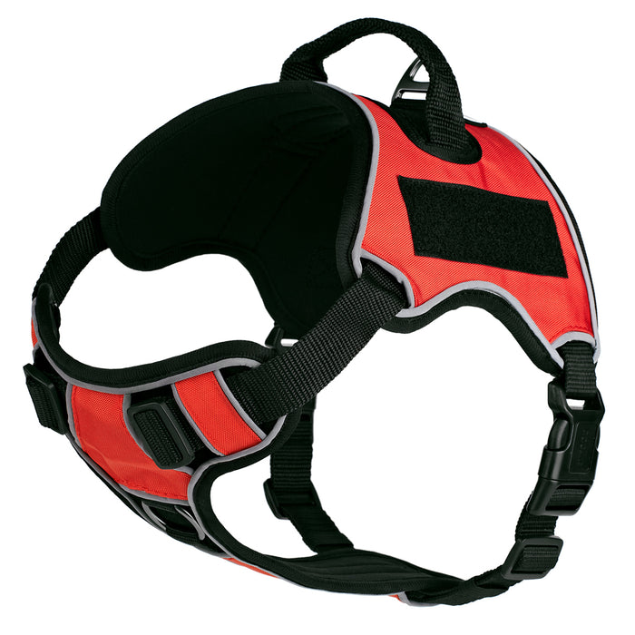 Red dog harness made from neoprene, with top handle and two hook and loop fasteners; adjustable straps