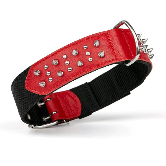 Black and red nylon and leather dog collar with spikes
