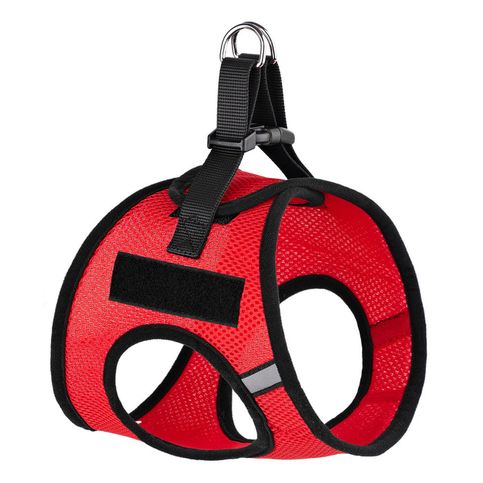 Red dog harness with quick release buckle and hook and loop fastener for removable patches, made from nylon mesh