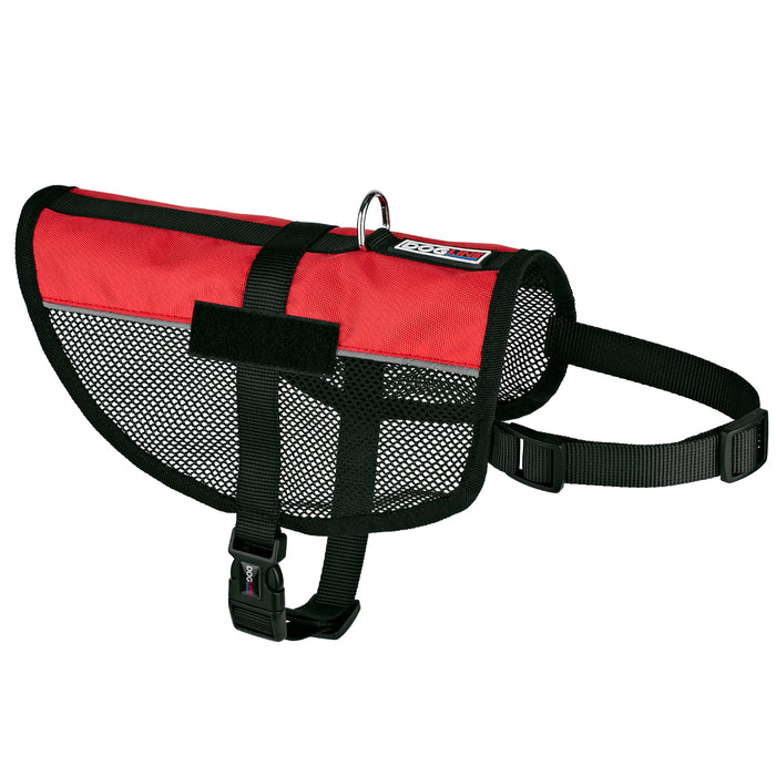 Red dog vest with adjustable straps, reflective stripes and patch loop backing
