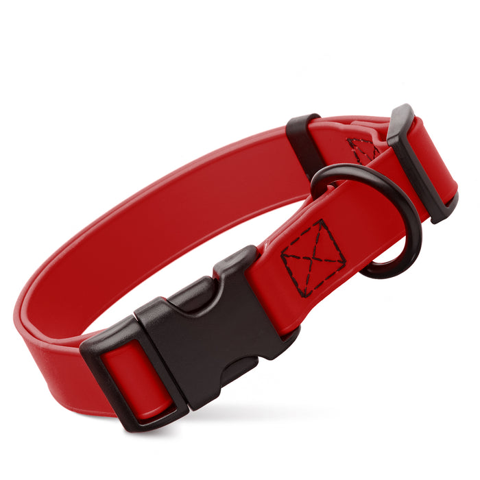 Cherry Red dog collar with quick release buckle, made from waterproof Biothane, 3/4- or 1-inch wide