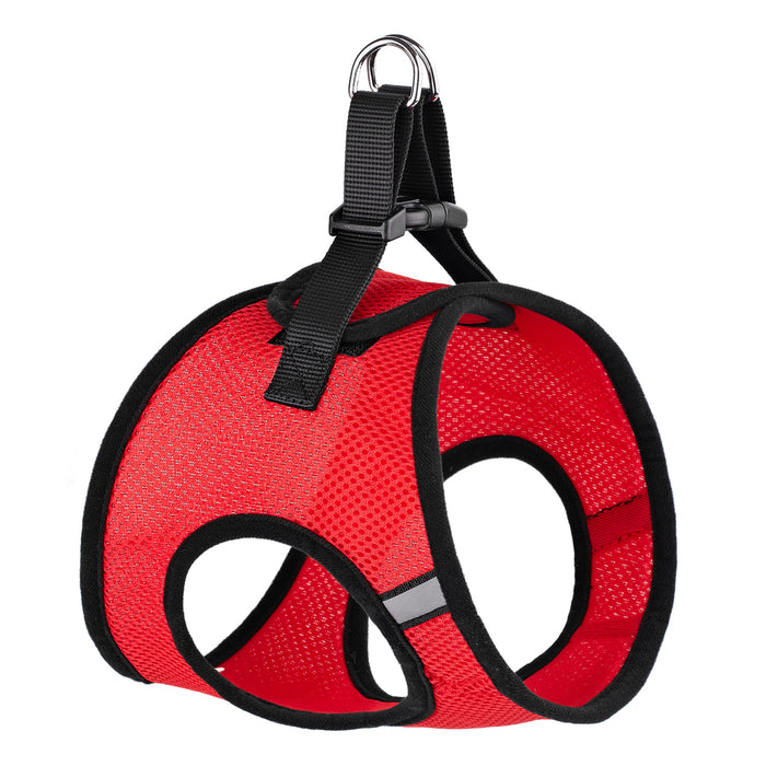Red dog harness with reflective stripes and quick release buckle