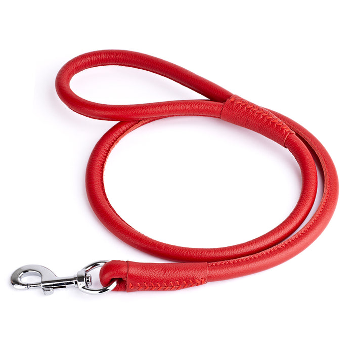 Red leather dog lead with metal snap hook, 1/2-inch wide