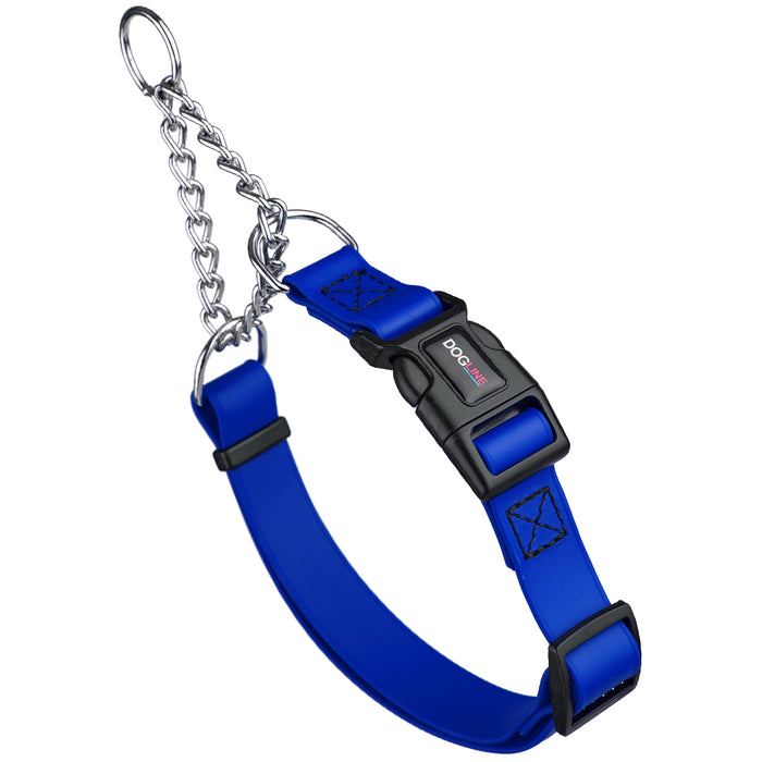 Blueberry martingale dog collar with quick release buckle and Herm Sprenger assembly chain, made from waterproof Biothane