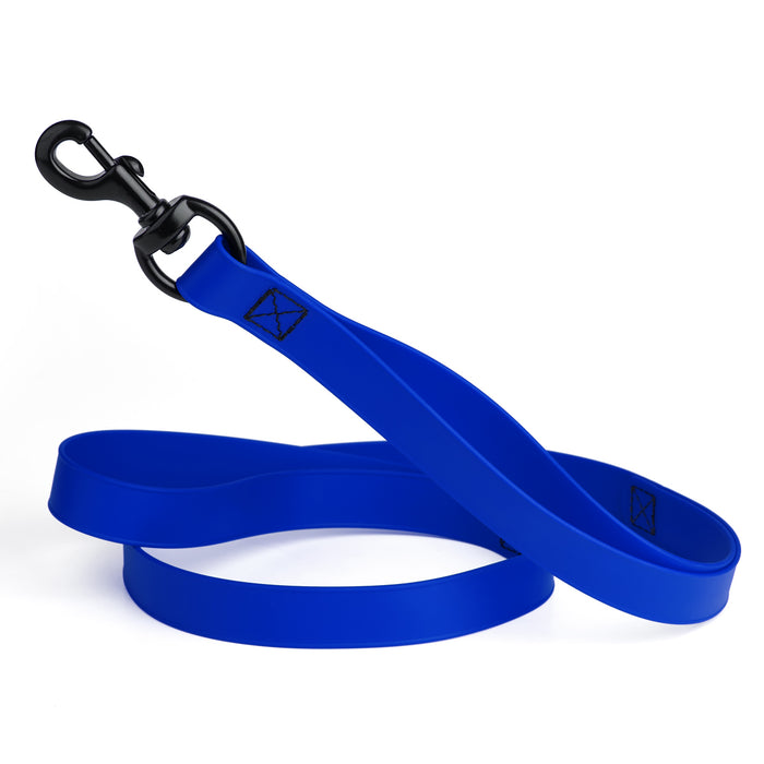Blueberry multi-handle dog leash with black snap hook, made from waterproof Biothane