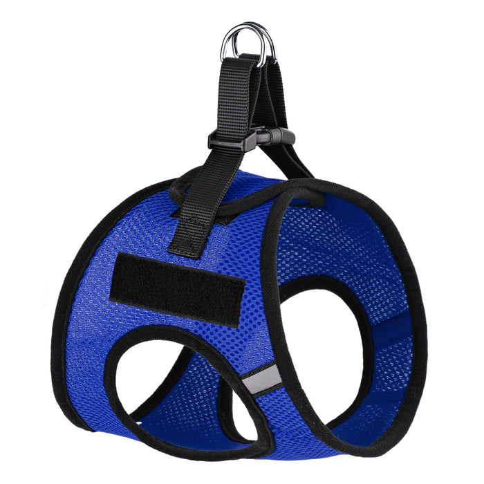 Blue dog harness with quick release buckle and hook and loop fastener for removable patches, made from nylon mesh