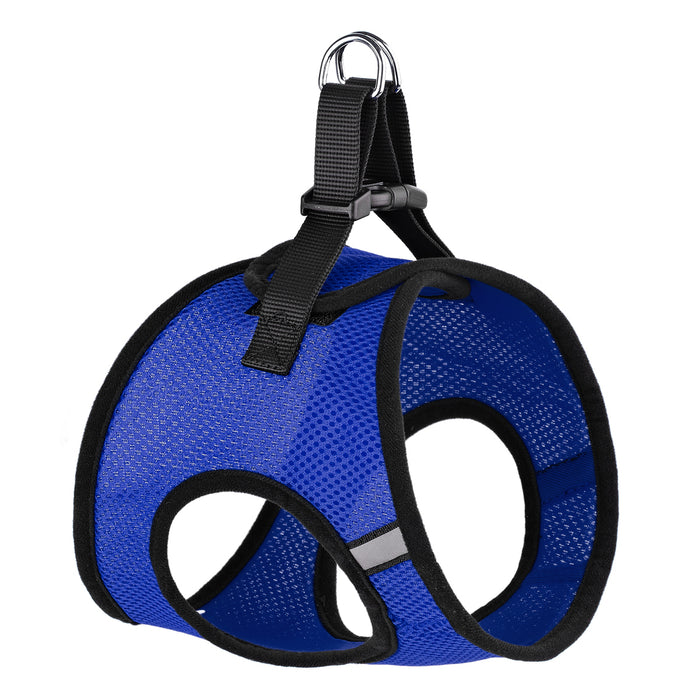 Blue dog harness with reflective stripes and quick release buckle