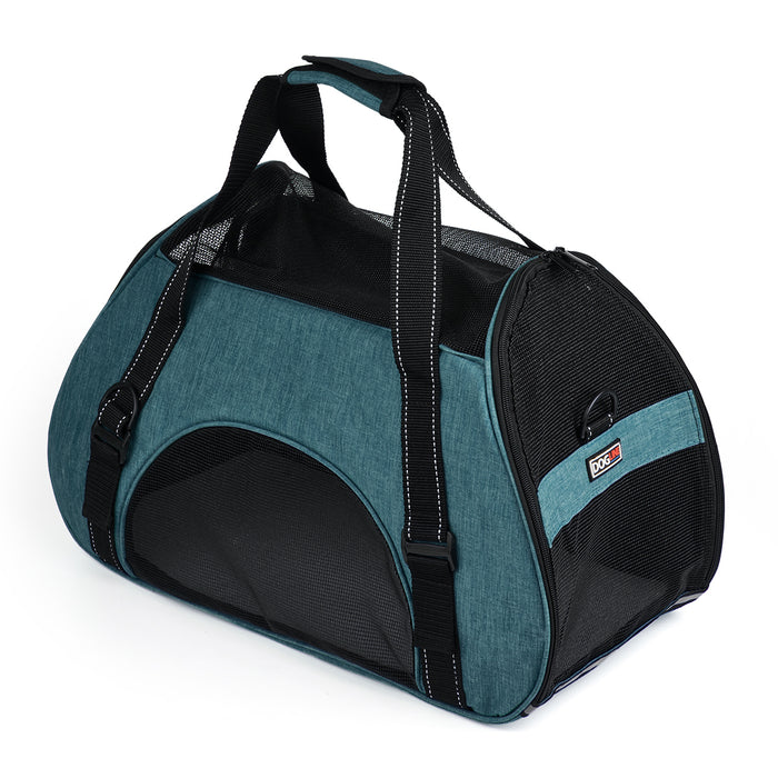 Teal small dog carrier bag with handles, optional shoulder strap and mesh sides