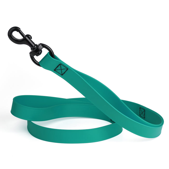 Teal multi-handle dog leash with black snap hook, made from waterproof Biothane