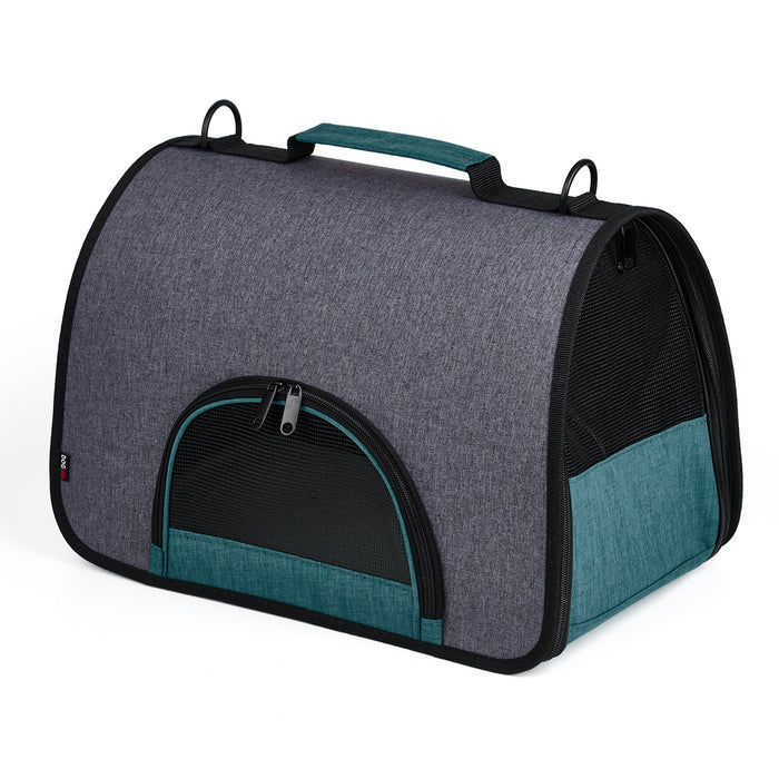 Black and teal pet carrier for small dogs and cats with handle and mesh screens, collapsible