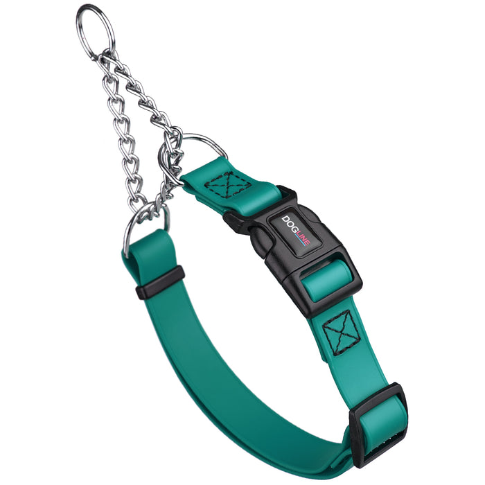 Teal martingale dog collar with quick release buckle and Herm Sprenger assembly chain, made from waterproof Biothane