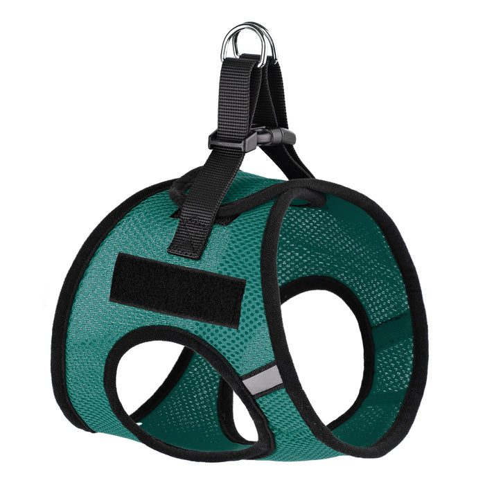 Teal dog harness with quick release buckle and hook and loop fastener for removable patches, made from nylon mesh