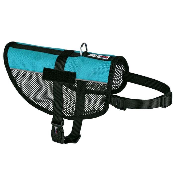 Teal dog vest with adjustable straps, reflective stripes and patch loop backing