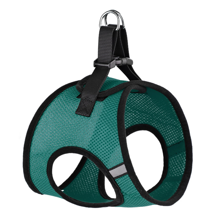 Teal dog harness with reflective stripes and quick release buckle