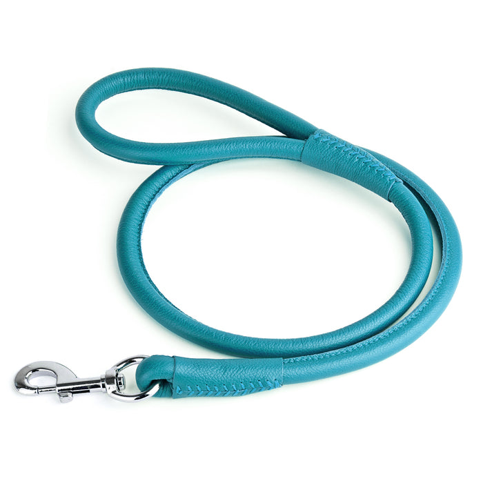Teal leather dog lead with metal snap hook, 1/2-inch wide