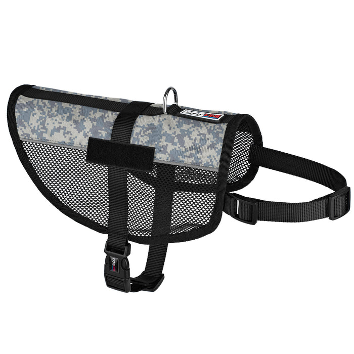 Urban camo dog vest with adjustable straps, reflective stripes and patch loop backing