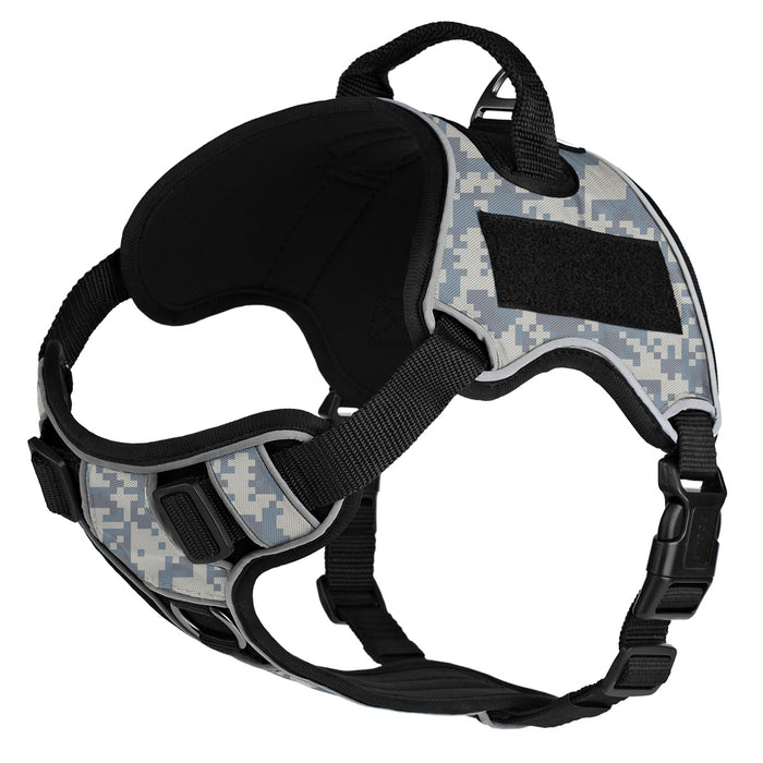 Urban camo dog harness made from neoprene, with top handle and two hook and loop fasteners; adjustable straps
