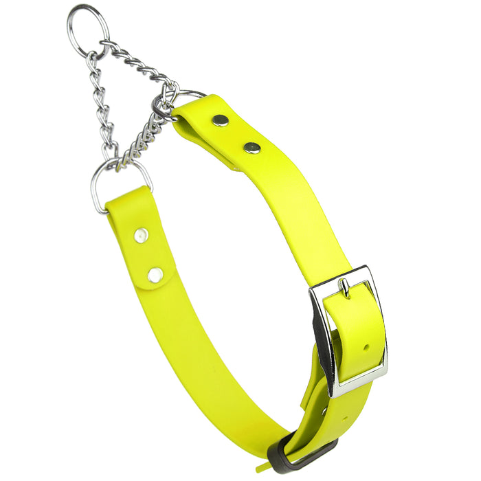 Safety Yellow adjustable martingale dog collar with buckle and Herm Sprenger assembly chain, made from waterproof Biothane