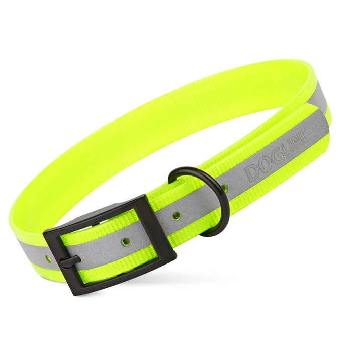 Yellow waterproof dog collar with reflective strip and buckle