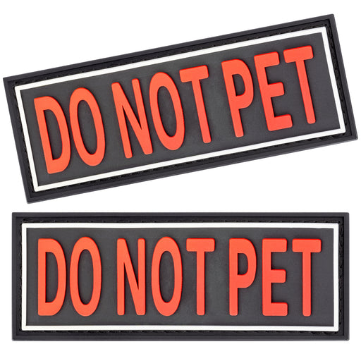 Set of two rubber Do Not Pet patches for dogs, red letters on black background