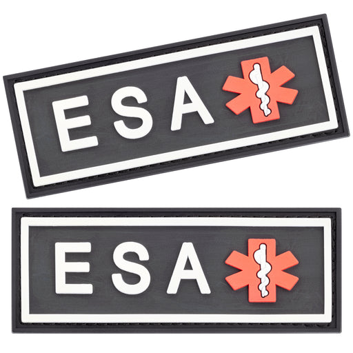Set of two rubber ESA patches for dogs, white letters on black background