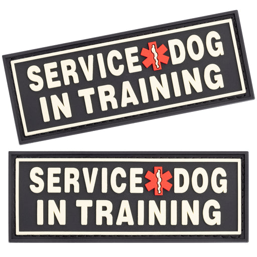 Set of two rubber Service Dog in Training patches for dogs, white letters on black background
