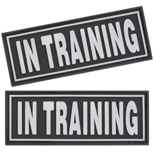 Set of two rubber In Training patches for dogs, white letters on black background