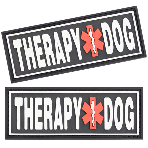 Set of two rubber Therapy Dog patches for dogs, white letters on black background