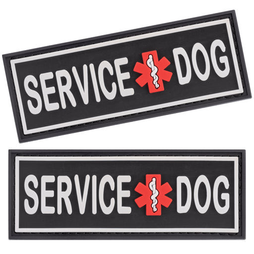 Set of two rubber Service Dog patches for dogs, white letters on black background