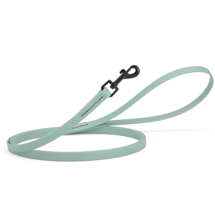 Sage Green dog leash with black snap hook, made from waterproof Biothane, 1/2 inches wide