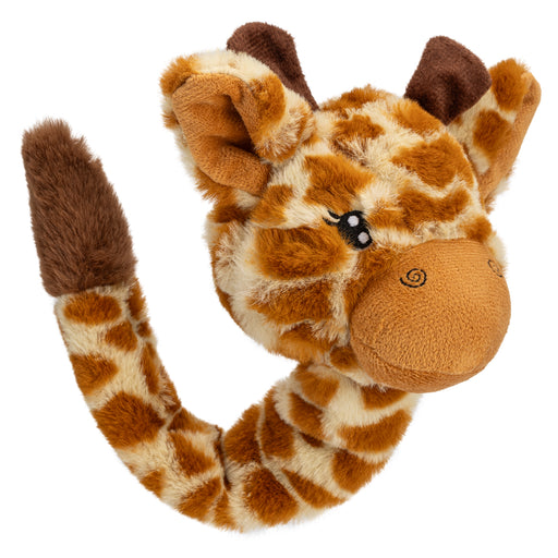 giraffe dog toy with ball, crinkle paper body and squeaker