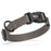 Gray nylon dog collar with black quick release buckle and metal D-ring, adjustable