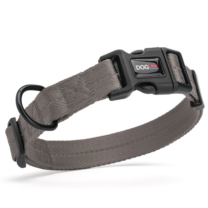 Gray nylon dog collar with black quick release buckle and metal D-ring, adjustable
