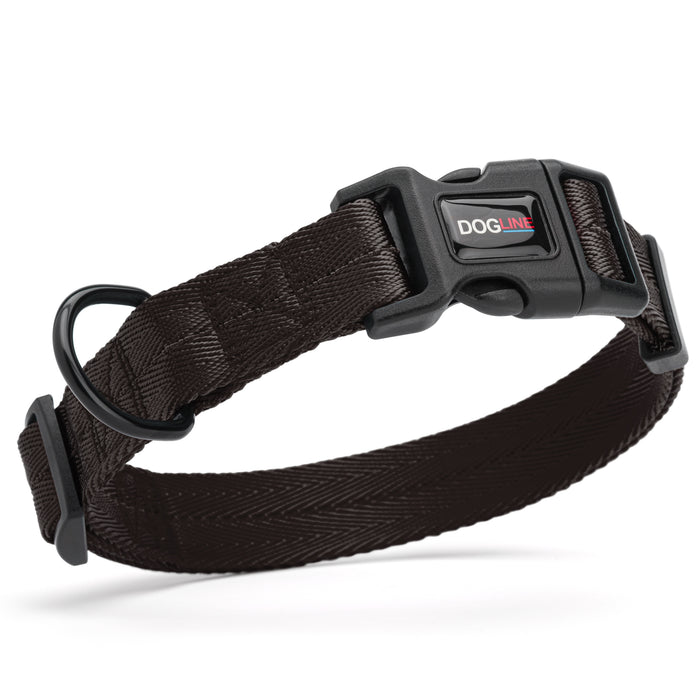 Black nylon dog collar with black quick release buckle and metal D-ring, adjustable