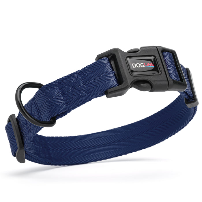 Navy blue nylon dog collar with black quick release buckle and metal D-ring, adjustable