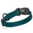Teal nylon dog collar with black quick release buckle and metal D-ring, adjustable