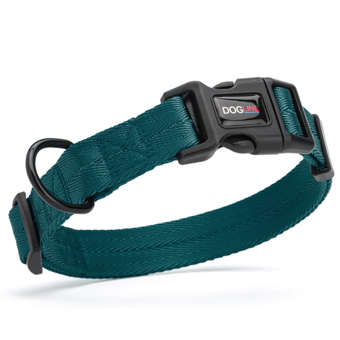 Teal nylon dog collar with black quick release buckle and metal D-ring, adjustable