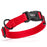 Red nylon dog collar with black quick release buckle and metal D-ring, adjustable