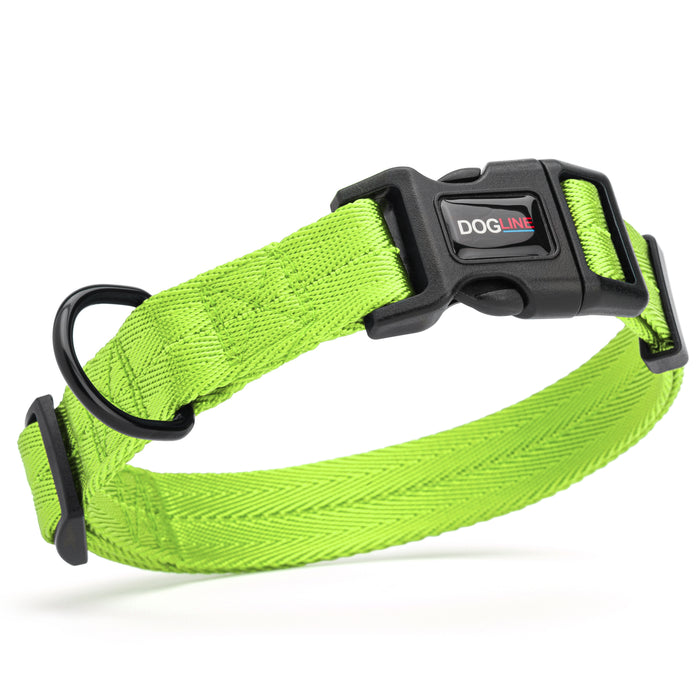 Lime green nylon dog collar with black quick release buckle and metal D-ring, adjustable