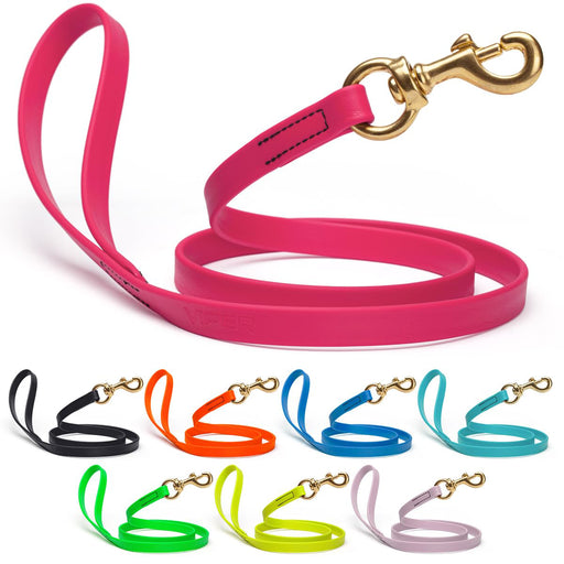 Pink leash for dogs with brass hardware, 6 feet long, made from waterproof Biothane; black, orange, blue, green, yellow, pastel and 18 other colors available