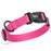 Pink nylon dog collar with black quick release buckle and metal D-ring, adjustable