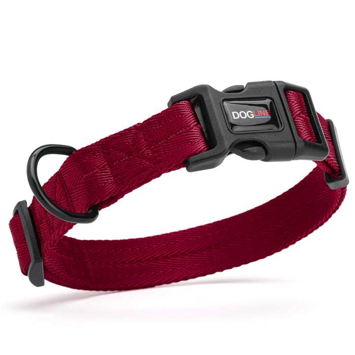 Burgundy nylon dog collar with black quick release buckle and metal D-ring, adjustable