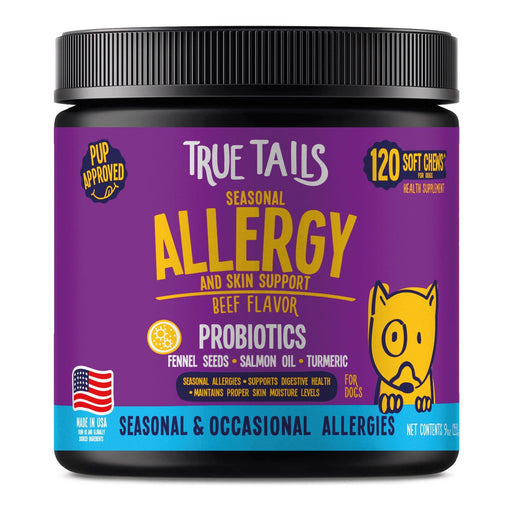 True Tails soft chews for dogs with probiotics for seasonal allergy relief and healthy skin, beef flavor
