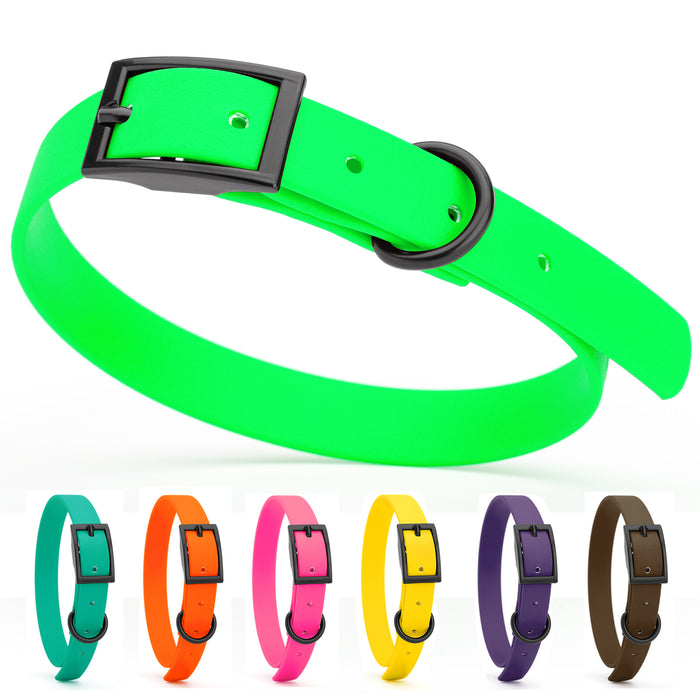 Biothane waterproof collar for dogs with black hardware, size S, from 12 to 15 inches long, tropical green, teal, orange, pink, yellow, violet, brown and 18 other color options