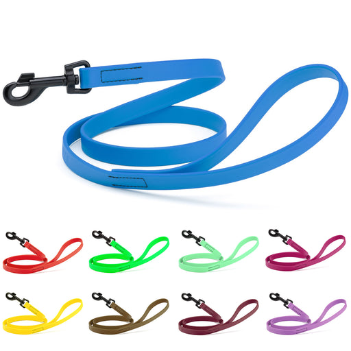 Blue 6ft leash for dogs with black hardware, made from waterproof Biothane, 6 ft long; red, green, seafoam, magenta pink, yellow, brown, burgundy, purple and 16 other colors available