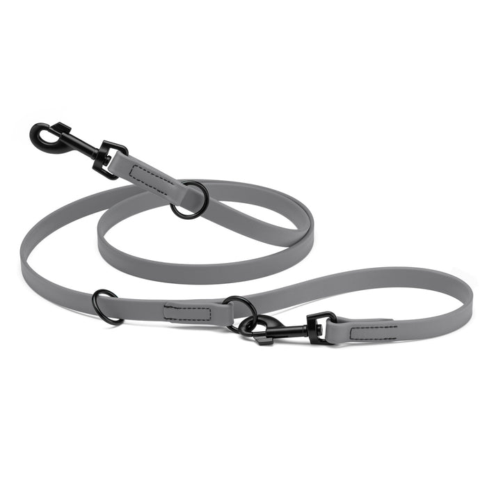 Battleship gray adjustable dog leash with two metal clips and three O-rings, made from waterproof Biothane